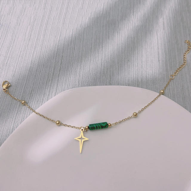 Dainty boho green color natural stone stainless steel necklace set