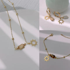 Boho natural stone hollow out sun charm stainless steel necklace set