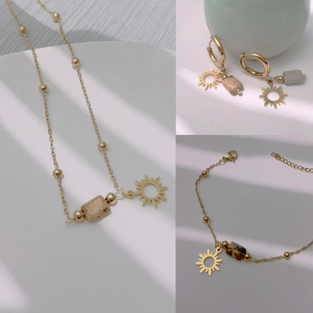 Boho natural stone hollow out sun charm stainless steel necklace set