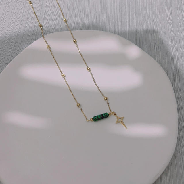 Dainty boho green color natural stone stainless steel necklace set