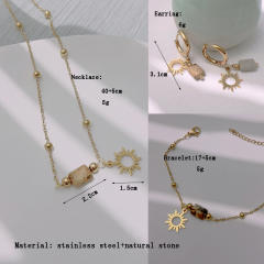 Boho natural stone hollow out sun charm stainless steel necklace set
