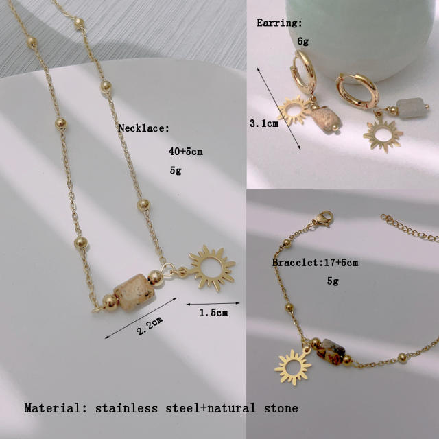 Boho natural stone hollow out sun charm stainless steel necklace set