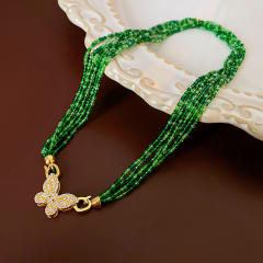 Boho colorful beaded chain diamond butterfly necklace