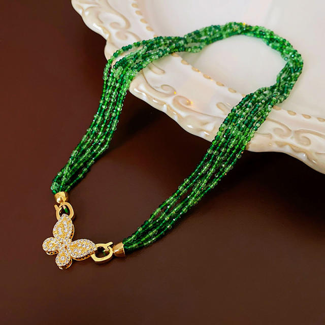 Boho colorful beaded chain diamond butterfly necklace