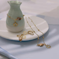 Boho natural stone hollow out sun charm stainless steel necklace set
