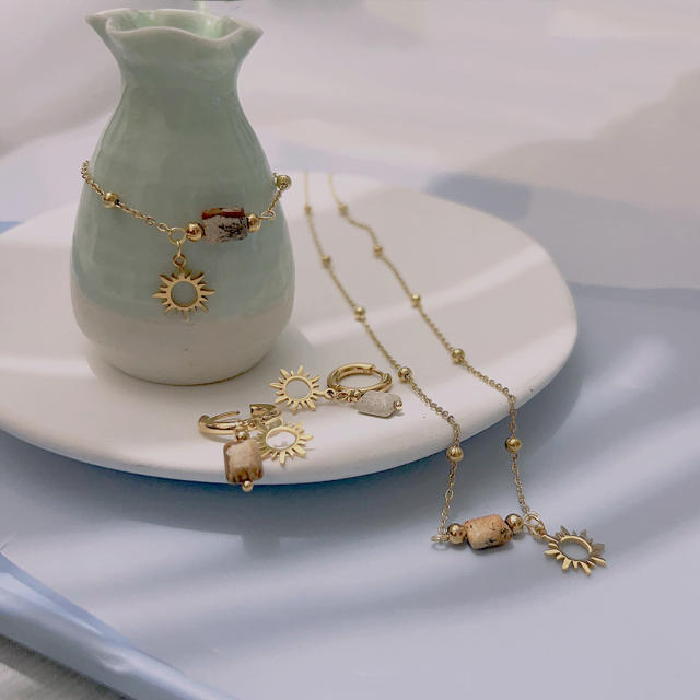 Boho natural stone hollow out sun charm stainless steel necklace set