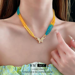 Boho colorful beaded chain diamond butterfly necklace