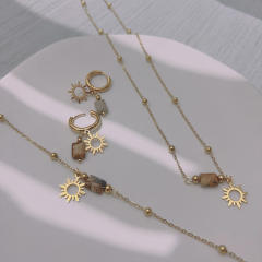 Boho natural stone hollow out sun charm stainless steel necklace set