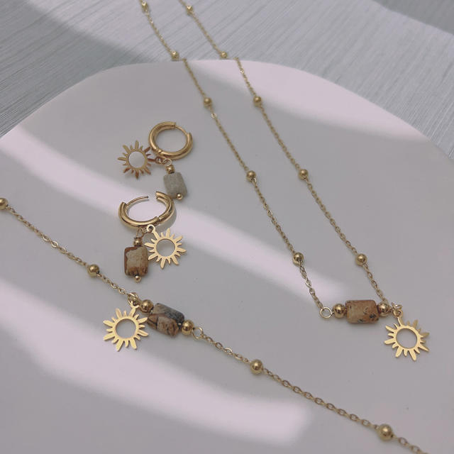 Boho natural stone hollow out sun charm stainless steel necklace set