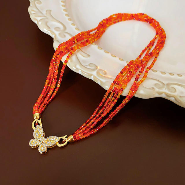 Boho colorful beaded chain diamond butterfly necklace