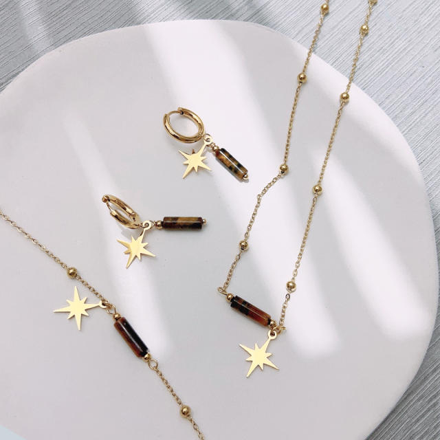 Boho natual tiger eye stone dainty stainless steel necklace set