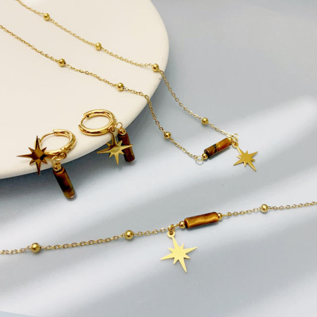 Boho natual tiger eye stone dainty stainless steel necklace set