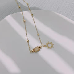 Boho natural stone hollow out sun charm stainless steel necklace set
