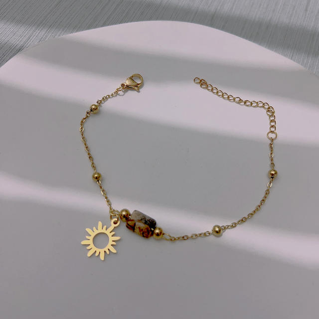 Boho natural stone hollow out sun charm stainless steel necklace set