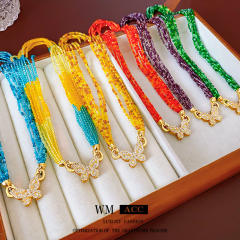 Boho colorful beaded chain diamond butterfly necklace