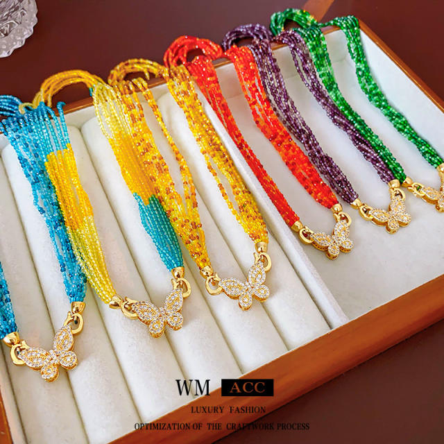 Boho colorful beaded chain diamond butterfly necklace