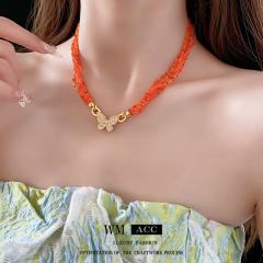 Boho colorful beaded chain diamond butterfly necklace