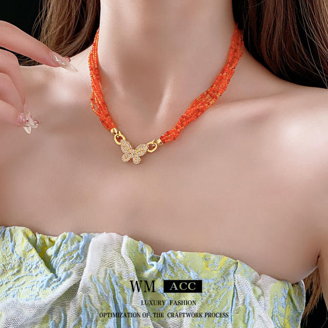 Boho colorful beaded chain diamond butterfly necklace