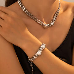 Chunky silver color stainless steel chain necklace bracelet set