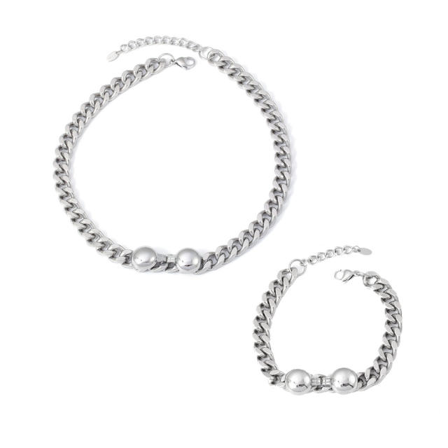 Chunky silver color stainless steel chain necklace bracelet set