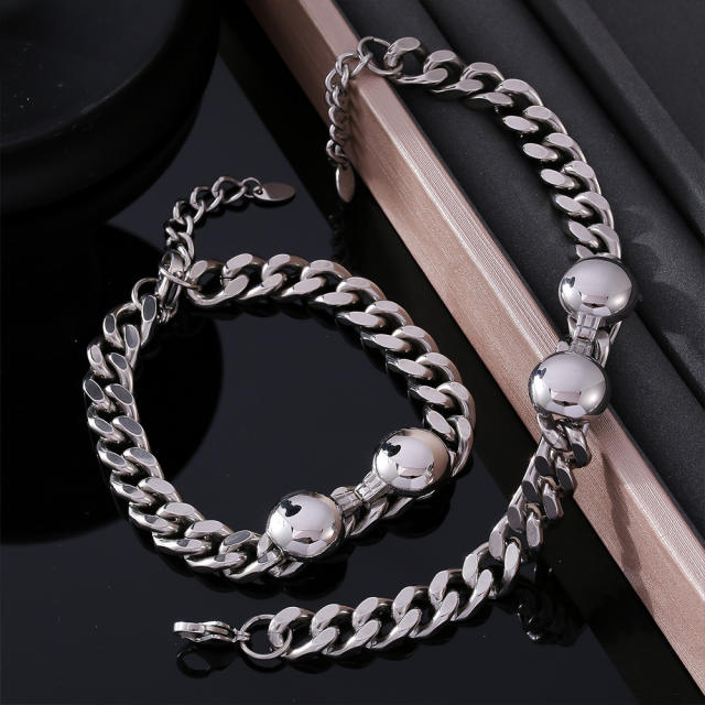 Chunky silver color stainless steel chain necklace bracelet set