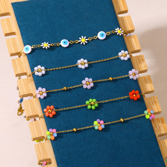 18KG boho colorful evil eye bead flower stainless steel anklet