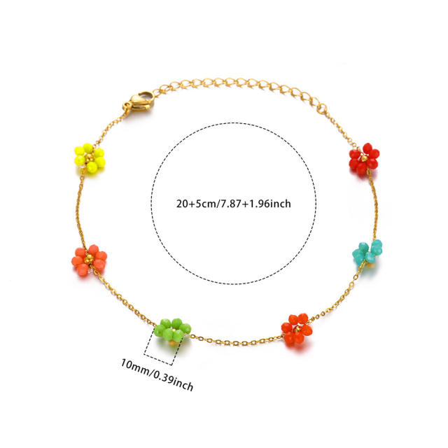 18KG boho colorful evil eye bead flower stainless steel anklet