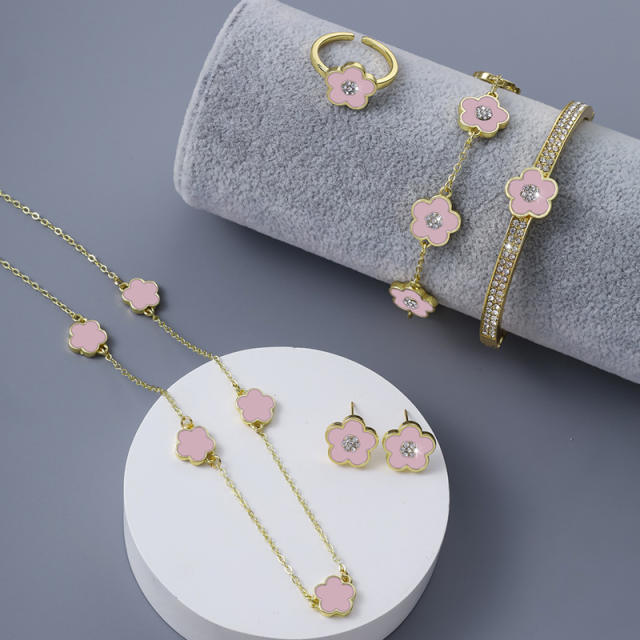 Chic colorful diamond Cherry blossoms copper necklace bangle set
