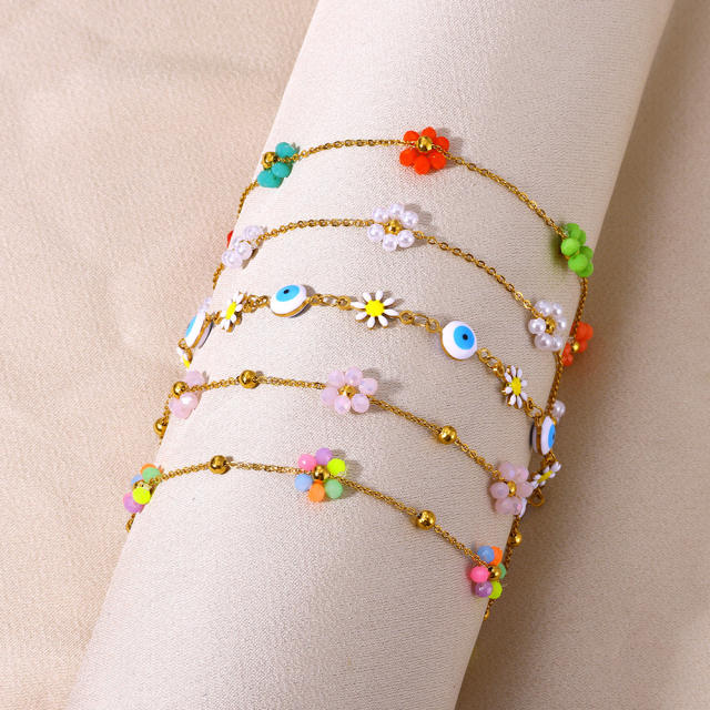 18KG boho colorful evil eye bead flower stainless steel anklet