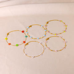 18KG boho colorful evil eye bead flower stainless steel anklet