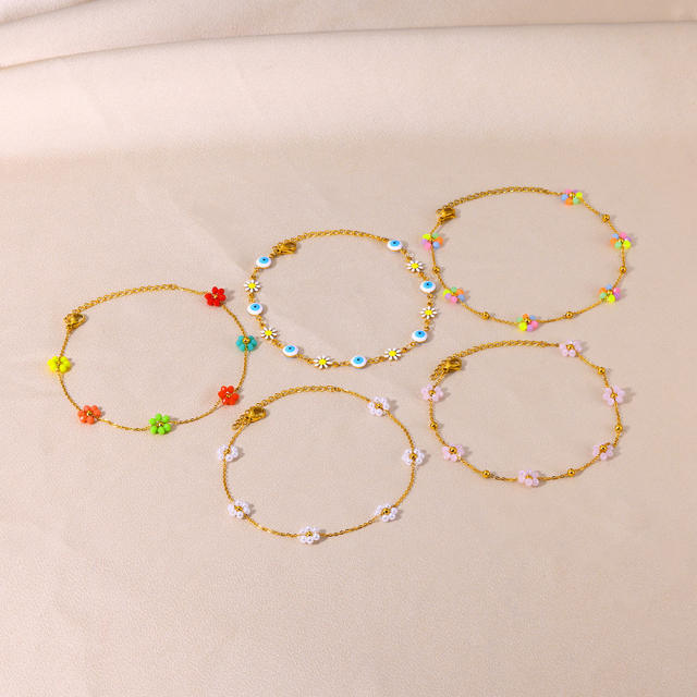 18KG boho colorful evil eye bead flower stainless steel anklet