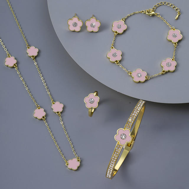 Chic colorful diamond Cherry blossoms copper necklace bangle set