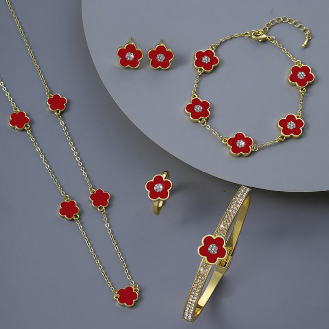 Chic colorful diamond Cherry blossoms copper necklace bangle set