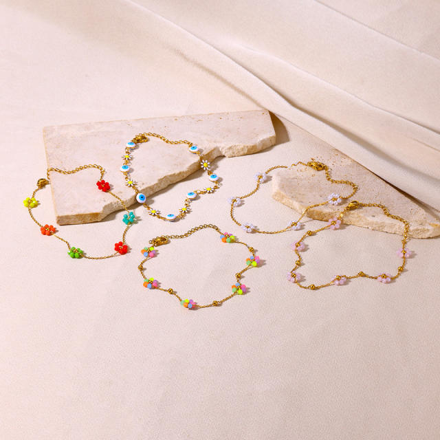18KG boho colorful evil eye bead flower stainless steel anklet