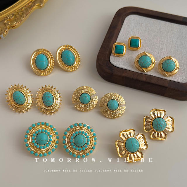 925 needle vintage turquoise bead women earrings