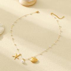18KG imitation pearl shell starfish charm dainty stainless steel necklace