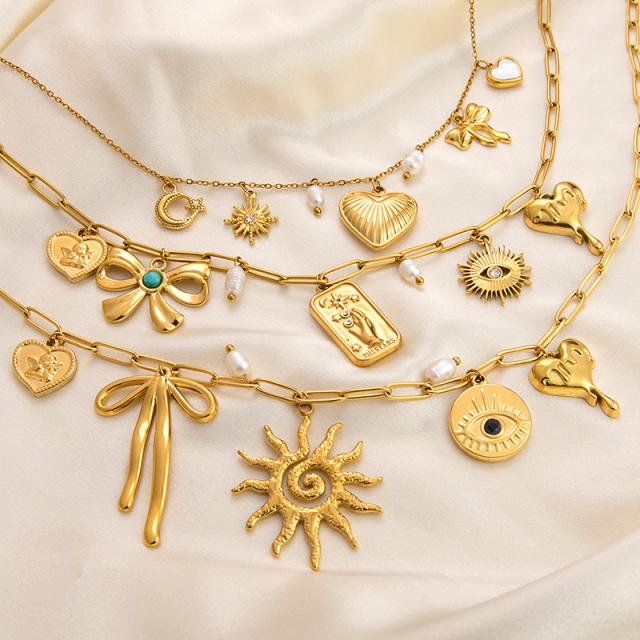 18KG multi element bow sun charm stainless steel necklace