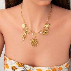 18KG multi element bow sun charm stainless steel necklace
