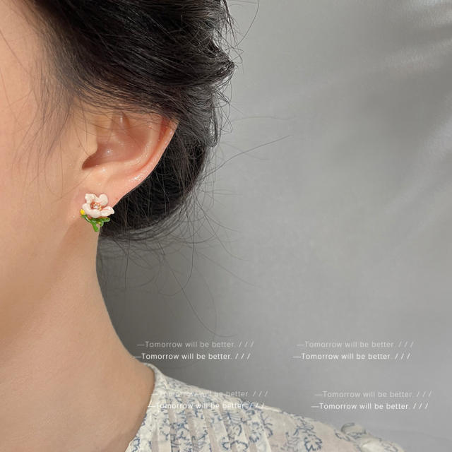 925 needle color enamel sweet flower studs earrings collection