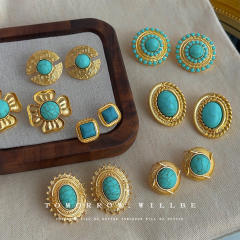 925 needle vintage turquoise bead women earrings