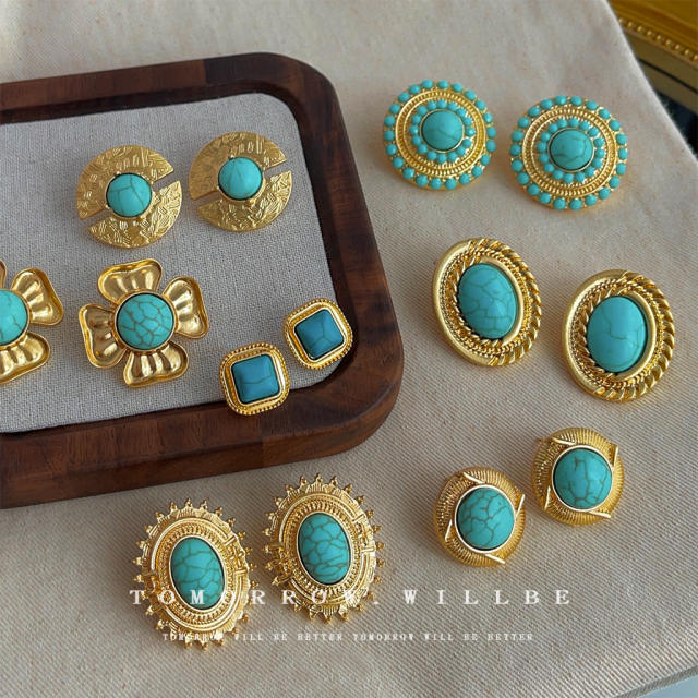 925 needle vintage turquoise bead women earrings