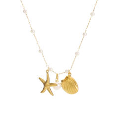 18KG imitation pearl shell starfish charm dainty stainless steel necklace