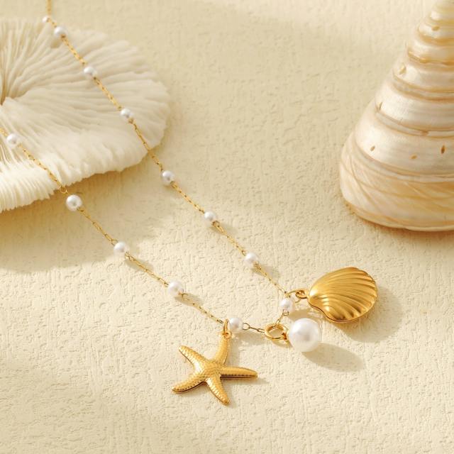 18KG imitation pearl shell starfish charm dainty stainless steel necklace