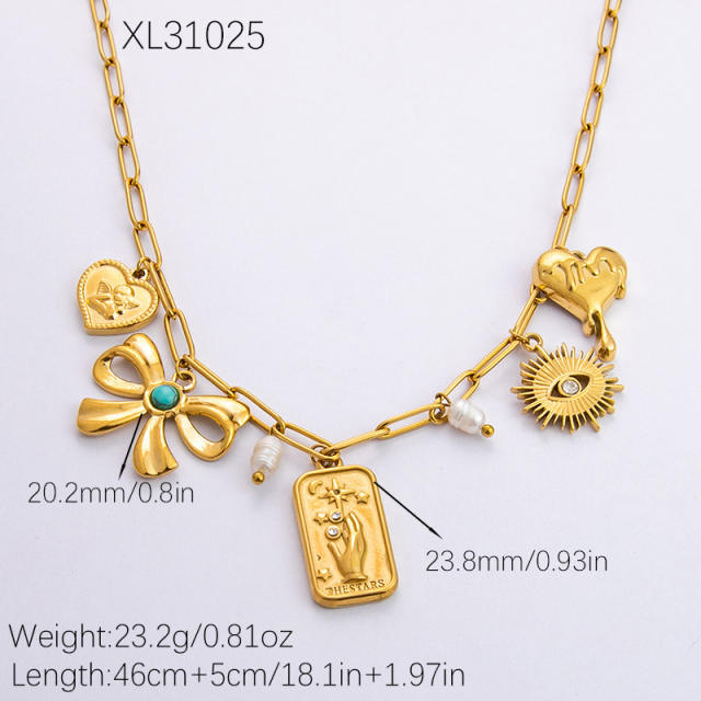 18KG multi element bow sun charm stainless steel necklace
