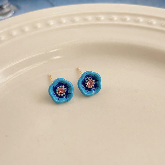 925 needle color enamel sweet flower studs earrings collection