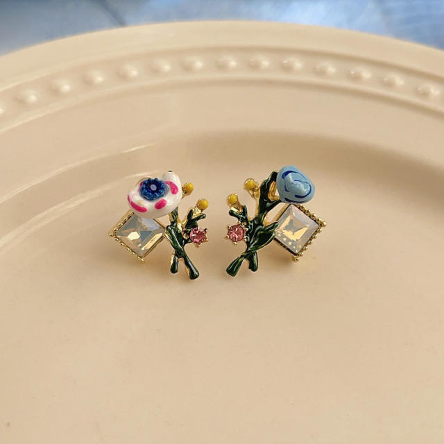 925 needle color enamel sweet flower studs earrings collection