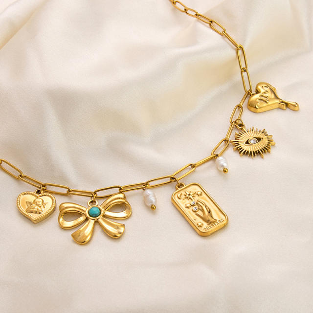 18KG multi element bow sun charm stainless steel necklace