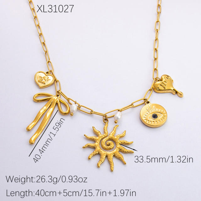 18KG multi element bow sun charm stainless steel necklace