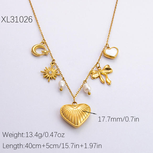 18KG multi element bow sun charm stainless steel necklace
