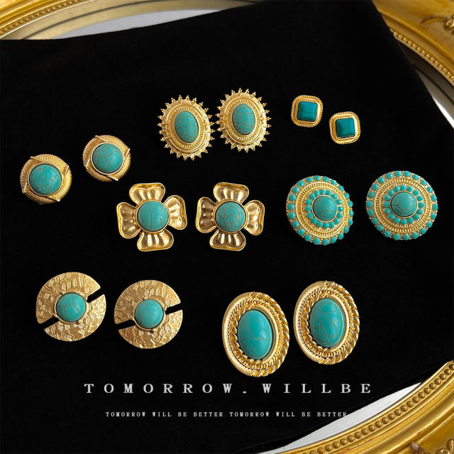 925 needle vintage turquoise bead women earrings